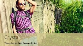  Presentation with tourism hiking - Presentation theme featuring young man hiking in the countryside active lifestyle tourism background and a soft green colored foreground