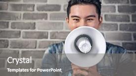  Presentation with asian nurse helps a man - Amazing slide deck having young man hold a bullhorn backdrop and a gray colored foreground