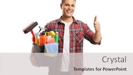  Presentation with cleaning - Audience pleasing PPT theme consisting of young-man-holding-a-bucket backdrop and a light gray colored foreground
