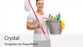  Presentation with cleaning - Colorful presentation theme enhanced with young man holding a bucket backdrop and a white colored foreground