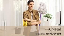  Presentation with room cleaning - PPT theme featuring young-man-holding-a-cleaning background and a coral colored foreground