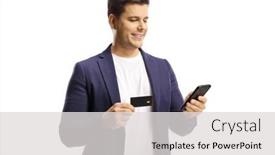  Presentation with man holding phone - Presentation theme featuring young-man-holding-a-credit background and a light gray colored foreground