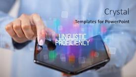 Presentation with linguistic - Cool new PPT layouts with young man holding a foldable smartphone with linguistic proficiency inscription educational concept backdrop and a light blue colored foreground