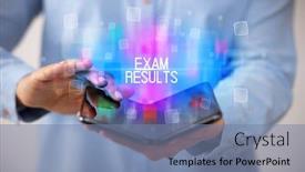  Presentation with exam results - Presentation design featuring young-man-holding-a-foldable background and a seafoam green colored foreground