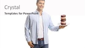  Presentation with donuts - Cool new PPT theme with young man holding a plate of donuts and smiling isolated on white background backdrop and a white colored foreground