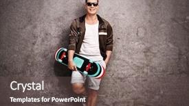  Presentation with concrete - Slides with young man holding a skateboard and leaning against a rusty concrete wall background and a dark gray colored foreground