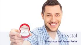  Presentation with engagement - Colorful slide set enhanced with young man holding an engagement ring and looking at the camera isolated on white background backdrop and a sky blue colored foreground