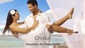  Presentation with tropical wedding - Audience pleasing slide set consisting of young man holding beautiful bride in arms after dream wedding on tropical island both smiling happy backdrop and a soft green colored foreground