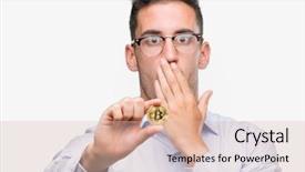  Presentation with bitcoin - Beautiful PPT theme featuring young man holding bitcoin cover backdrop and a  colored foreground