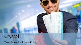  Presentation with young - Colorful presentation enhanced with young man holding boarding pass backdrop and a light blue colored foreground
