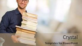  Presentation with tan book stack stacks of books - Amazing slides having young man holding books indoor backdrop and a  colored foreground