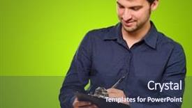  Presentation with green officebuilding man - Audience pleasing presentation consisting of young man holding clipboard on green background backdrop and a tawny brown colored foreground