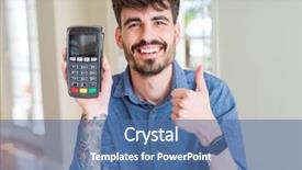  Presentation with point of sale system - Colorful slide deck enhanced with young man holding dataphone point backdrop and a ocean colored foreground