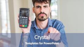  Presentation with point of sale system - Presentation design enhanced with young man holding dataphone point background and a ocean colored foreground