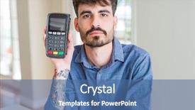  Presentation with point of sale system - Colorful presentation enhanced with young man holding dataphone point backdrop and a ocean colored foreground