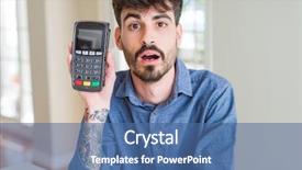  Presentation with point of sale system - Presentation design consisting of young man holding dataphone point background and a ocean colored foreground