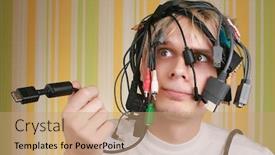  Presentation with wires - Presentation consisting of young man holding different wires background and a coral colored foreground