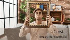  Presentation with puffing - Presentation enhanced with young-man-holding-empty-frame background and a coral colored foreground