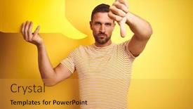  Presentation with empty - Theme consisting of young-man-holding-empty-speech background and a gold colored foreground