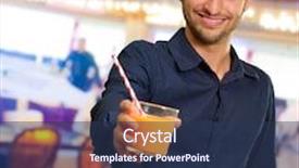  Presentation with blonde holding magnifying glass - Theme enhanced with young man holding glass of orange juice indoors background and a ocean colored foreground