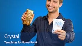  Presentation with blue gold - Amazing PPT theme having young man holding gold bar backdrop and a ocean colored foreground