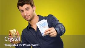  Presentation with gold - Audience pleasing PPT theme consisting of young man holding gold bar backdrop and a  colored foreground