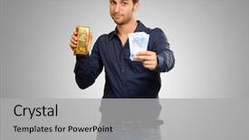  Presentation with value gold euro - Colorful PPT layouts enhanced with young man holding gold bar backdrop and a  colored foreground