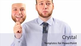  Presentation with happy sad mask - Cool new PPT theme with young man holding happy mask backdrop and a light blue colored foreground