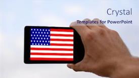  Presentation with man holding phone - Presentation theme having young man holding mobile phone with american flag on screen against sky background background and a sky blue colored foreground