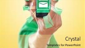  Presentation with man holding phone - Cool new slides with young man holding modern phone isolated on white selective focus backdrop and a blonde colored foreground