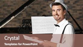  Presentation with music sheets - Slide deck with young man holding music sheets background and a  colored foreground