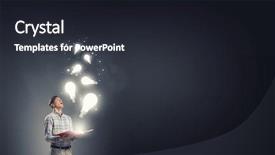  Presentation with glowing light bulbs light bulbs - Audience pleasing PPT theme consisting of young man holding opened book with glass glowing light bulbs flying backdrop and a wine colored foreground