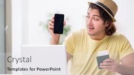  Presentation with passport - Colorful PPT theme enhanced with young-man-holding-passport-preparing backdrop and a white colored foreground