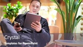  Presentation with man holding phone - Amazing PPT theme having young-man-holding-phone backdrop and a dark gray colored foreground