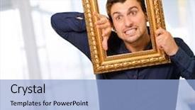  Presentation with antique picture frame - Colorful PPT layouts enhanced with young man holding picture frame backdrop and a  colored foreground