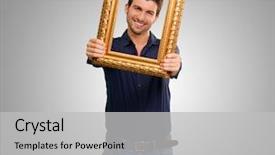  Presentation with antique picture frame - Theme featuring young man holding picture frame background and a light gray colored foreground