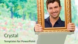  Presentation with picture frame - Cool new PPT theme with young man holding picture frame backdrop and a  colored foreground