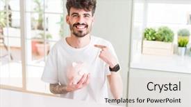  Presentation with piggy bank - Audience pleasing presentation design consisting of young man holding piggy bank backdrop and a  colored foreground