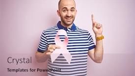  Presentation with pink ribbon - Presentation featuring young man holding pink brest cancer ribbon over isolated background surprised with an idea or question pointing finger with happy face number one background and a coral colored foreground
