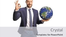  Presentation with hand holding earth - PPT theme enhanced with young-man-holding-planet-earth background and a light gray colored foreground