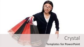  Presentation with plastic bags - Presentation theme having young-man-holding-plastic-bags background and a light gray colored foreground