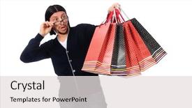  Presentation with bags plastic - Audience pleasing theme consisting of young man holding plastic bags isolated on white backdrop and a light gray colored foreground