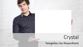  Presentation with poster - Presentation theme enhanced with young man holding poster in brick room background and a white colored foreground