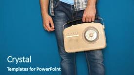  Presentation with retro radio - Slides with young man holding retro radio background and a ocean colored foreground