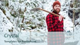  Presentation with snow shovel - Colorful PPT layouts enhanced with young man holding shovel outdoors with snow on background backdrop and a sky blue colored foreground