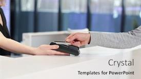  Presentation with contactless - Cool new PPT layouts with young-man-holding-smartphone-over backdrop and a light gray colored foreground