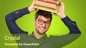  Presentation with stack books - Presentation theme consisting of young man holding stack of books on head on green background background and a gold colored foreground