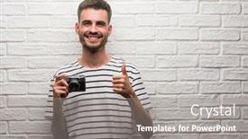  Presentation with white brick wall - Presentation design consisting of young man holding vintage camera standing over white brick wall happy with big smile doing ok sign thumb up with fingers excellent sign background and a gray colored foreground