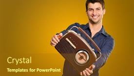  Presentation with vintage radio - Amazing presentation having young man holding vintage radio on coloured background backdrop and a tawny brown colored foreground