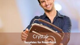  Presentation with vintage radio - PPT theme featuring young man holding vintage radio indoors background and a red colored foreground